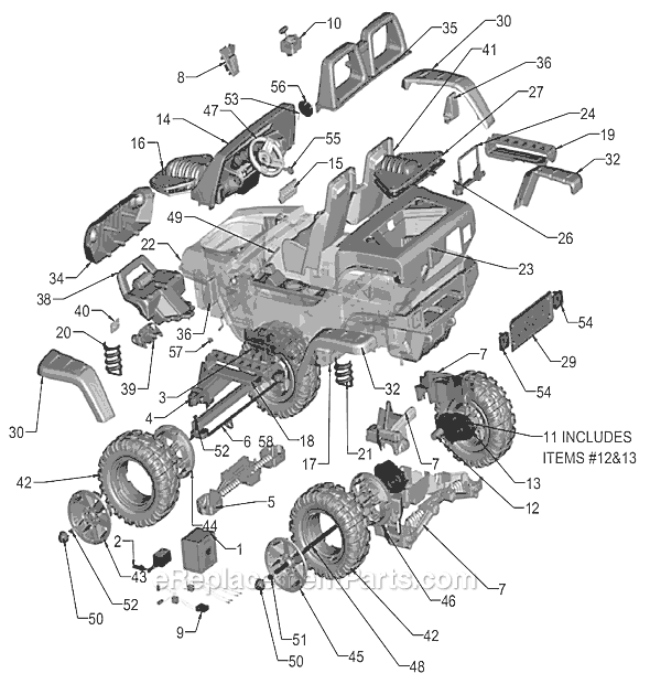 Page A Diagram and Parts List for J4394  Power Wheels Ride-On Cars